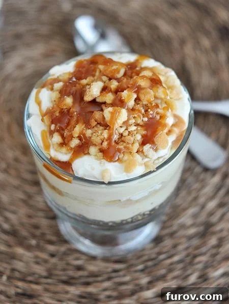 Top view of a caramel drizzled banana pudding trifle.
