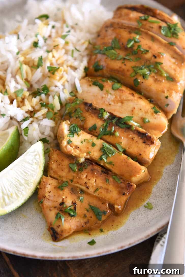 Elegantly sliced grilled chicken breast arranged beside a mound of fluffy coconut rice, garnished with fresh lime wedges on a sleek gray plate.