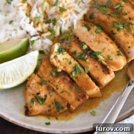 Grilled chicken breast slices with sauce, fluffy coconut rice, and fresh lime wedges presented on a sleek gray plate.