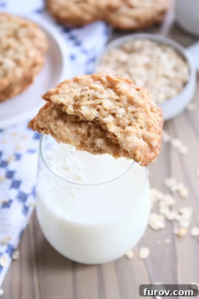 Crisp Oatmeal Thins 2 Two cookie halves sitting on top of a glass of milk, showcasing the thin and crispy texture of oatmeal cookies.