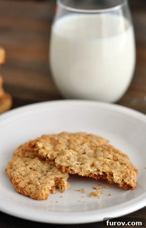 Crisp Oatmeal Thins 8 A thin, baked oatmeal cookie split in half on a white plate, with a glass of milk in the background, highlighting its delicate structure.