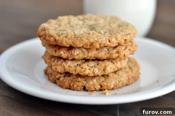 Crisp Oatmeal Thins 9 Four thin and crispy oatmeal cookies neatly stacked on top of each other on a white plate, showcasing their uniform crispness.