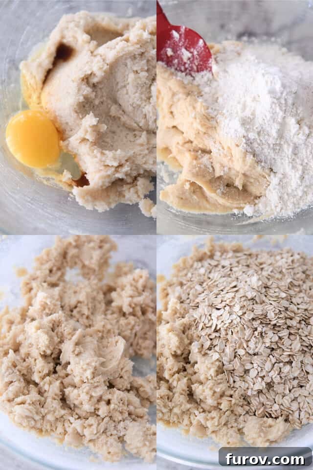 Crisp Oatmeal Thins 3 Step-by-step process of making oatmeal cookie dough, showing ingredients and mixing stages in bowls.