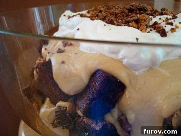 Decadent Peanut Butter Brownie Trifle 2 Glass trifle dish with layers of brownie chunk, peanut butter mousse, and whipped cream.