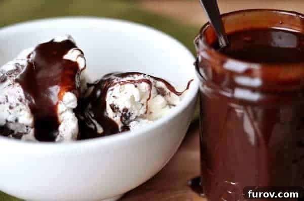 Velvety Hot Fudge Sauce 4 Creamy vanilla ice cream generously topped with warm, homemade hot fudge sauce