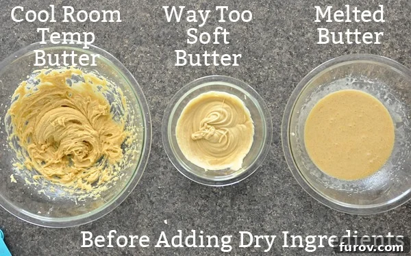 Three glass bowls displaying distinct consistencies of chocolate chip cookie batter, ranging from firm to liquid, clearly showing the impact of different butter temperatures.