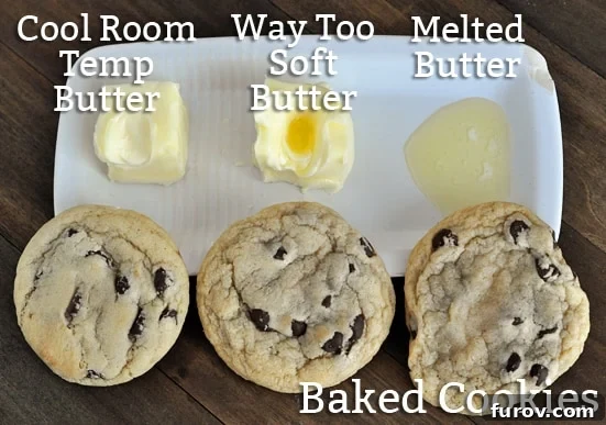 A visual comparison of three chocolate chip cookies, each backed by a stick of butter representing different temperatures: a perfectly baked cookie with softened butter, a slightly flatter one with overly soft butter, and a misshapen, greasy cookie with melted butter.