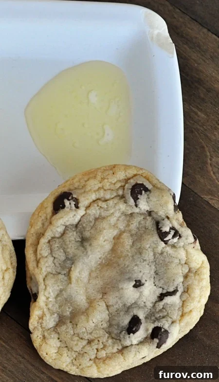A close-up, top-down view of a noticeably flattened and irregularly shaped chocolate chip cookie, placed next to a stick of completely melted butter, highlighting the detrimental impact of liquid butter on cookie structure.