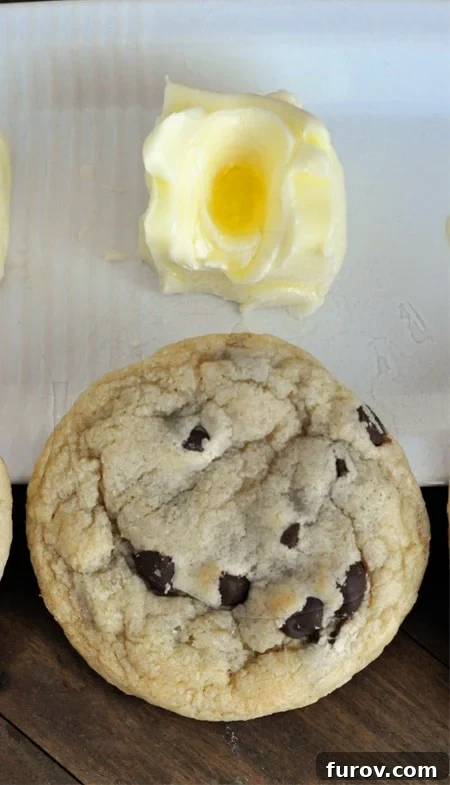 A close-up, top-down view of a chocolate chip cookie, slightly flatter and glossier than ideal, positioned next to a stick of butter that is visibly too soft, beginning to melt around the edges.