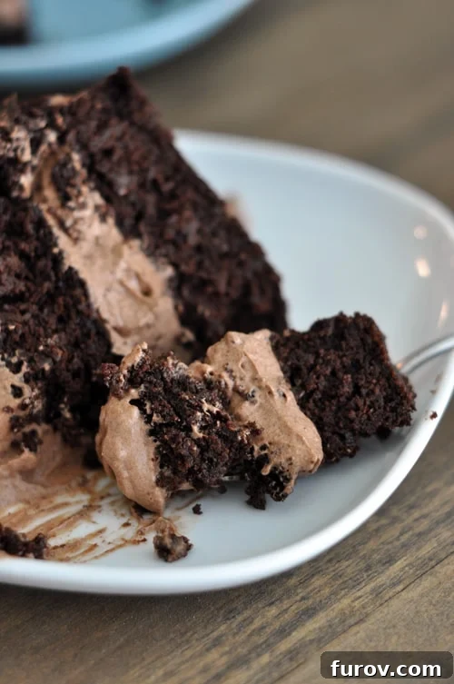 Decadent Gluten-Free Chocolate Fudge Cake with Silky Frosting 4 A close-up of a two-layer gluten-free chocolate cake with a bite taken out, showcasing its incredibly moist and fudgy interior and generous chocolate frosting. This is the best gluten-free chocolate cake experience.
