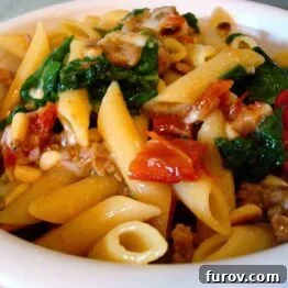 Sausage and Spinach Penne Skillet Supper, ready to serve