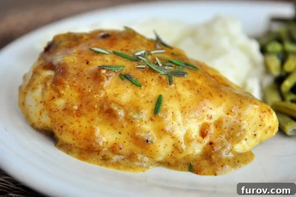 A generous serving of sweet mustard baked chicken nestled beside a mound of fluffy mashed potatoes and bright green beans on a white dinner plate.