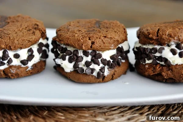 Three finished pumpkin ice cream sandwiches, adorned with mini chocolate chips around the edges, waiting to be enjoyed.