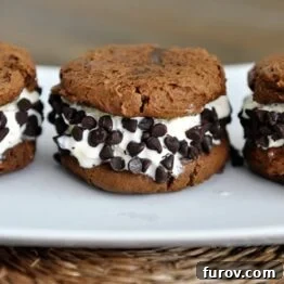 A top-down view of a pumpkin chocolate ice cream sandwich, showing its soft cookies and creamy filling.