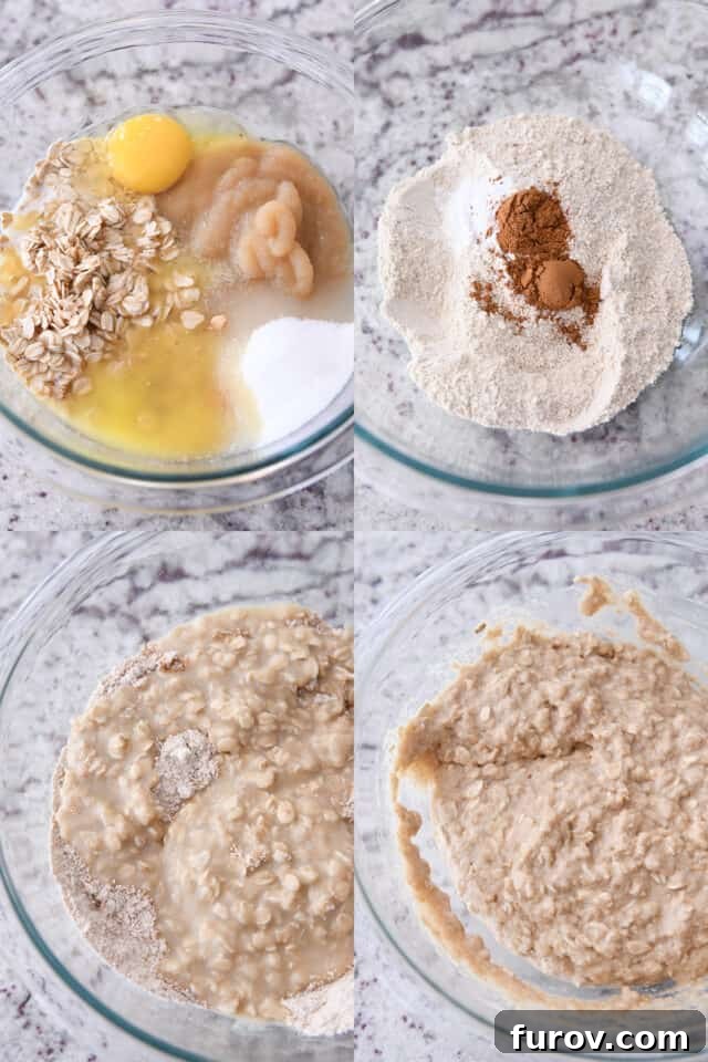 A person stirring together the wet ingredients (egg, oats, applesauce, milk, vanilla, melted butter, sugar) with the dry ingredients (flour, cinnamon, salt, baking powder, baking soda) to create the muffin batter.