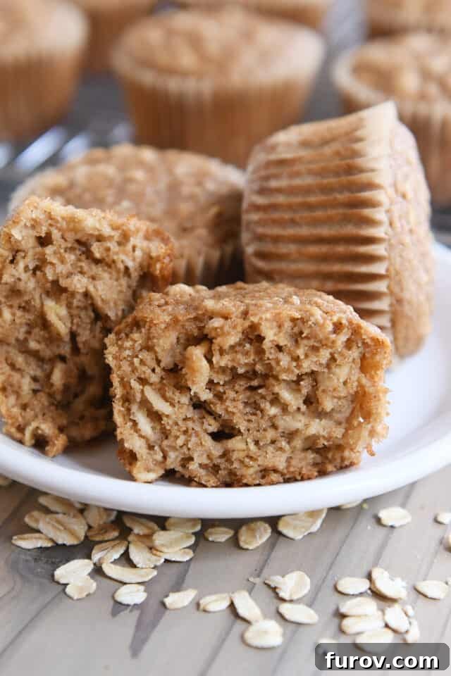 Several healthy applesauce oat muffins arranged on a white plate, with one muffin gracefully split in half to reveal its moist and tender interior texture, studded with oats.