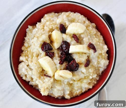 An overhead view of a bowl of steel cut oats, artfully arranged with sliced bananas and dried cranberries, emphasizing the inviting texture and colorful toppings.