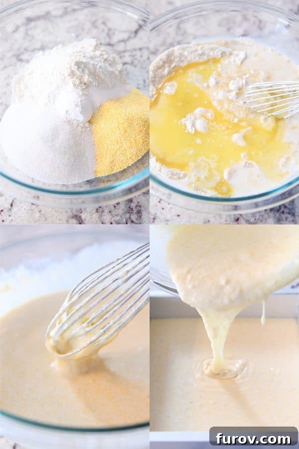 Step-by-step image of wet and dry ingredients being mixed together in a bowl to form the cornbread batter.