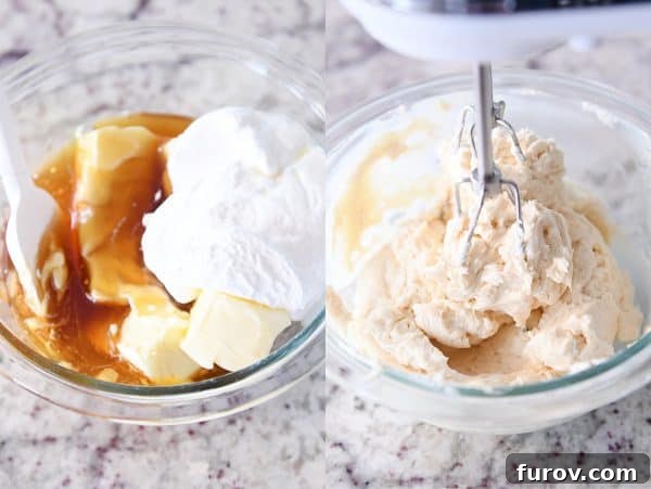 A clear glass bowl filled with ingredients for fluffy honey butter, in the process of being mixed.