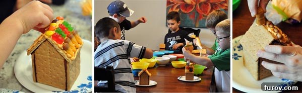 Two side-by-side images showing children enthusiastically decorating graham cracker haunted houses with various candies and icing