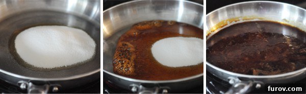 Two side-by-side images showing sugar melting in a non-stick skillet over low heat, transforming from granular to liquid caramel