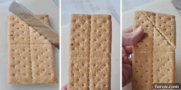 Two side-by-side images demonstrating the process of scoring and breaking a graham cracker to create a roof-like peak for a house wall