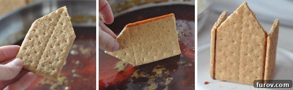 Two images demonstrating the initial assembly of a graham cracker house: dipping a wall edge in sugar and attaching a side wall