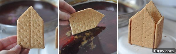 Two images showing the completion of a graham cracker house base structure, attaching the final wall piece with melted sugar