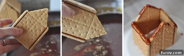 Two images demonstrating how to reinforce the base of a graham cracker house by dipping the top edges in melted sugar before adding the roof
