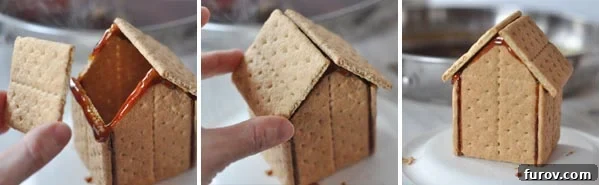 Two images showing the final step of graham cracker house assembly: attaching the roof panels with melted sugar to the reinforced peaks