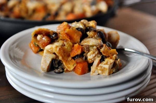 A serving of the cheesy black bean enchilada casserole on a white plate, highlighting the rich filling.