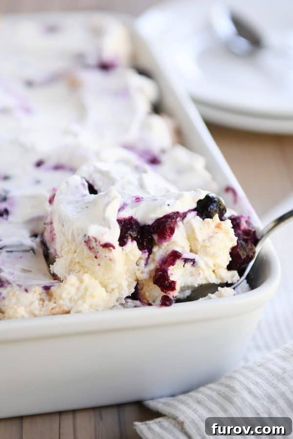 A serving of heavenly blueberries and cream angel food cake dessert on a white plate, highlighting the distinct layers of cake, cream, and blueberries.