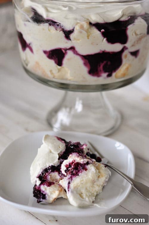 A stunning spread featuring a single serving of blueberry and cream dessert on a plate, with a full trifle dish in the background, ready to be enjoyed.