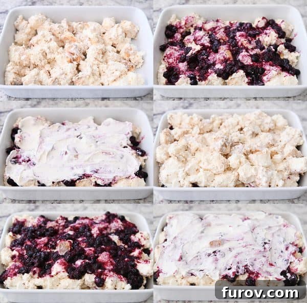 A step-by-step visual guide showing the distinct layers of angel food cake, blueberry filling, and whipped cream within a serving dish.