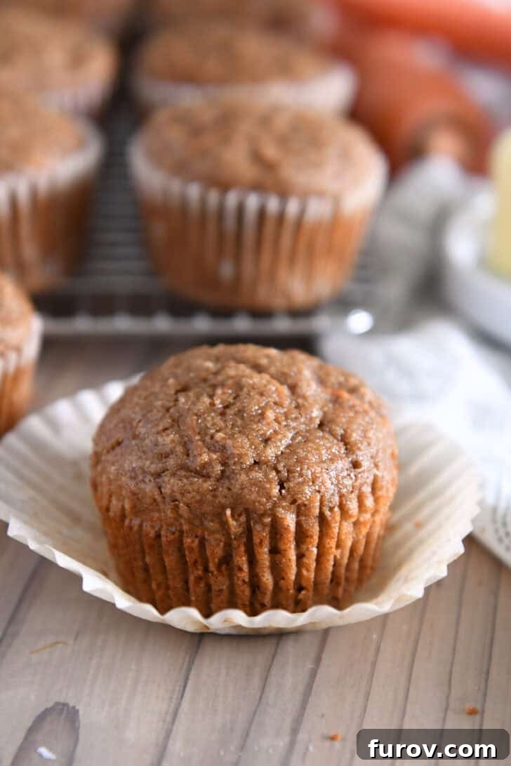 Healthy Carrot Cake Muffins with Applesauce 7 An unwrapped individual healthy carrot cake muffin, showcasing its texture.