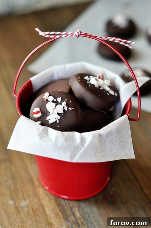 Homemade chocolate-dipped peppermint patties, adorned with crushed candy canes, nestled in a small red bucket. A perfect holiday gift.