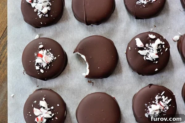 Chocolate-dipped homemade mint patties, some topped with crushed candy canes, with one patty revealing its creamy white interior after a bite.