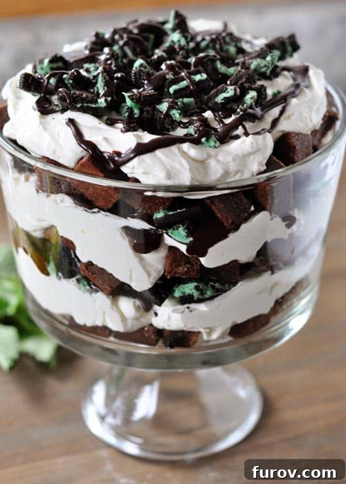 Ultimate Mint Oreo Trifle with Fudge Brownie Layers and Creamy Mint Swirl 2 A stunning trifle dish overflowing with layers of mint brownies, white whipped cream, crushed mint Oreos, and drizzled with hot fudge sauce, ready to be served.