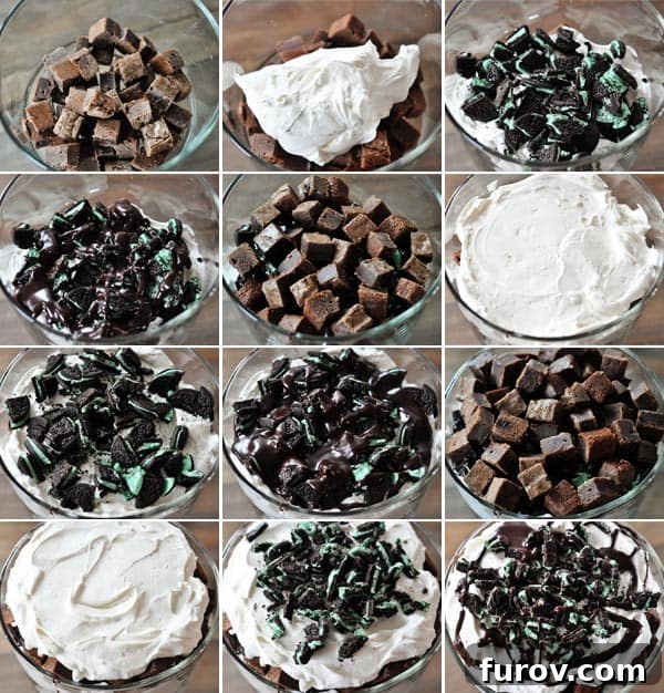 Ultimate Mint Oreo Trifle with Fudge Brownie Layers and Creamy Mint Swirl 3 A visual collage illustrating the step-by-step process of assembling a Mint Brownie and Oreo Hot Fudge Trifle, showing ingredients and layers.
