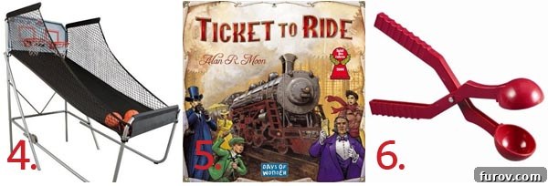 collage of three gift recommendations: Double Shot Basketball Hoop, Ticket to Ride, Snowball Maker