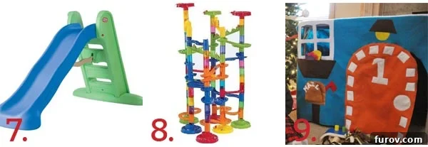 collage of three gift recommendations: Slide, Marble Run, Felt Playhouse
