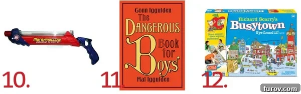 collage of three gift recommendations: Marshmallow Shooters, Dangerous Book for Boys, Busytown Game
