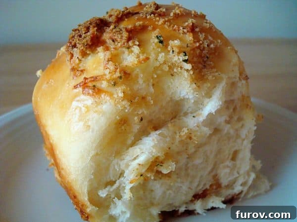 Golden brown parmesan crusted cheese roll on a pristine white plate, showcasing its soft interior and cheesy filling.