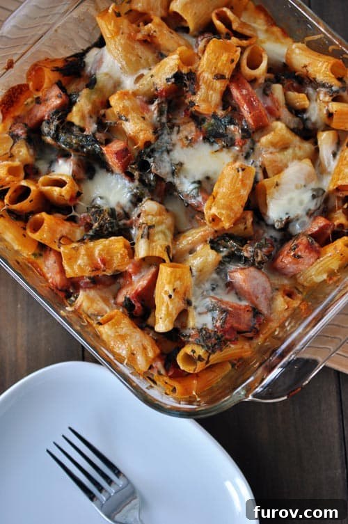 Savory Chicken Sausage Pasta Bake 2 Casserole dish with baked pasta, cheese and chicken sausage.