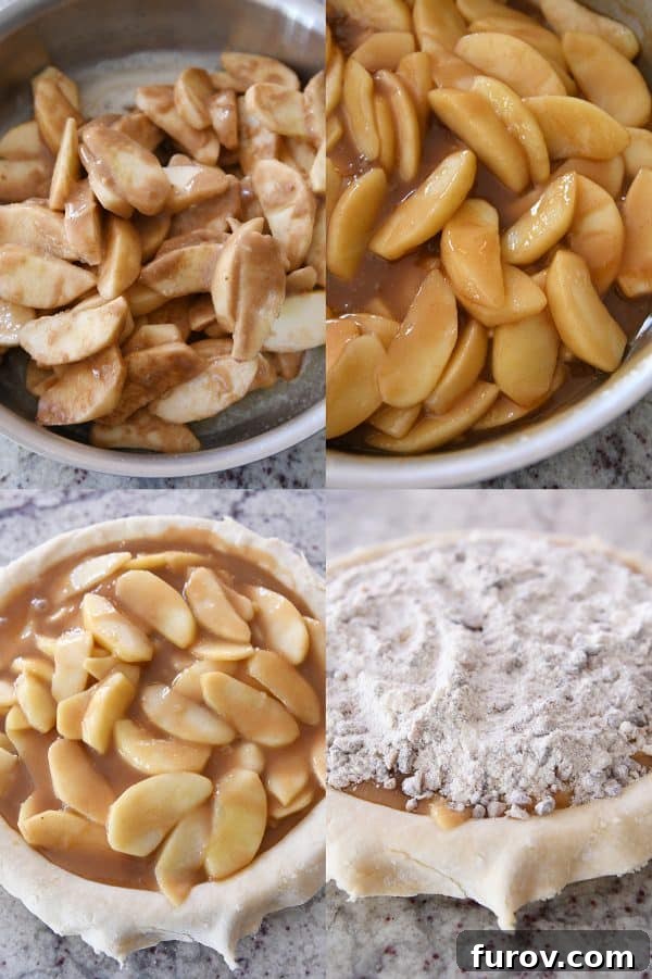 Golden Toffee Crunch Caramel Apple Pie 5 Step-by-step images showing caramel apples being cooked in a stainless pan, and the apple and toffee crumble filling being placed into a pie crust.