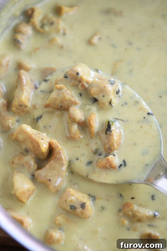 Emerald Basil Coconut Chicken 4 Spoon ladling out chicken pieces in coconut curry sauce from stainless pan.