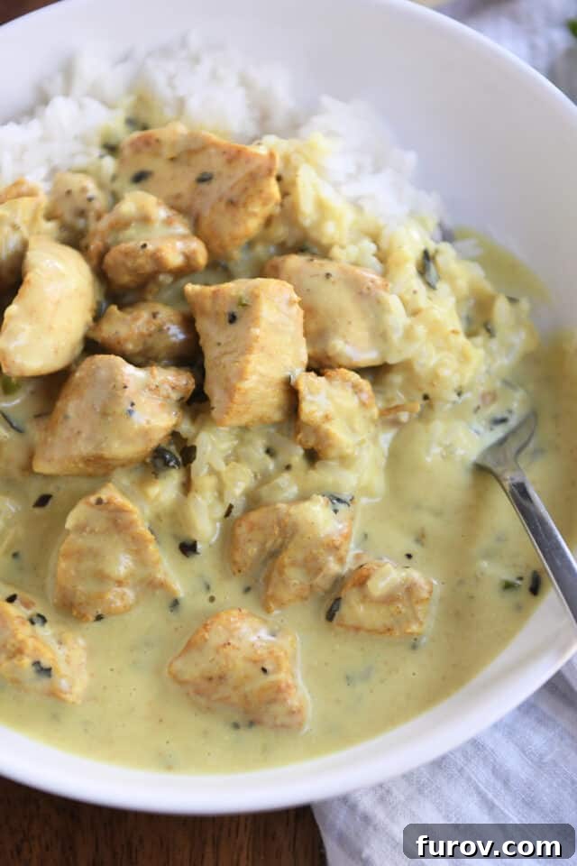 Emerald Basil Coconut Chicken 5 Close up of chicken pieces, coconut curry sauce, and rice in white bowl. A delicious and hearty meal.