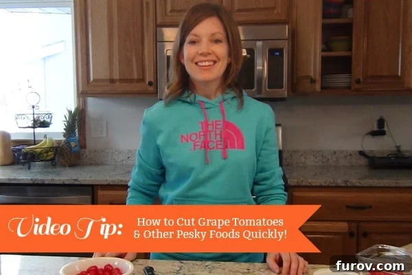 A woman demonstrates a quick method for cutting grape tomatoes, emphasizing efficiency in the kitchen.