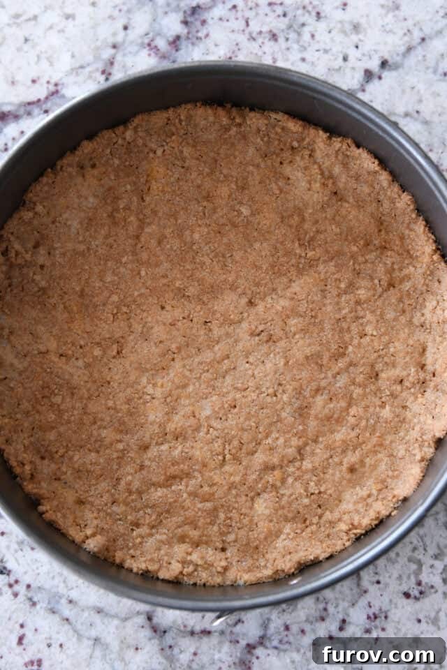 Baked graham cracker crust in springform pan.