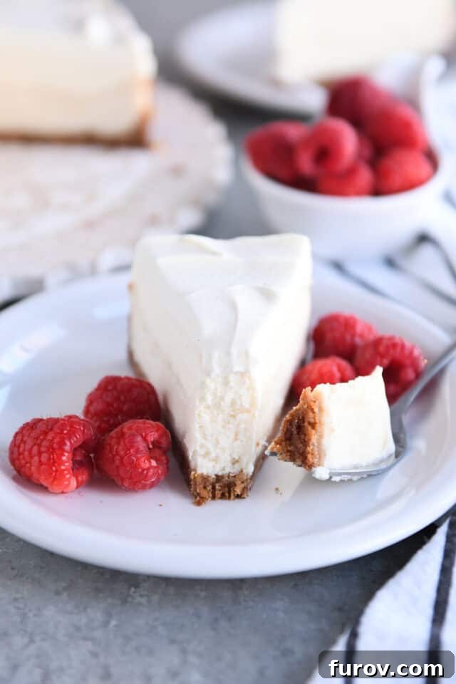 Bite of cheesecake on fork with white plate with raspberries.